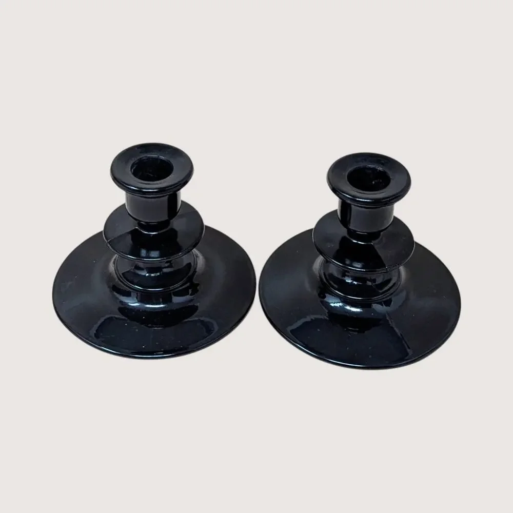 1940s Black Amethyst Glass Candle Holders Pair
